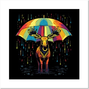 Moose Rainy Day With Umbrella Posters and Art